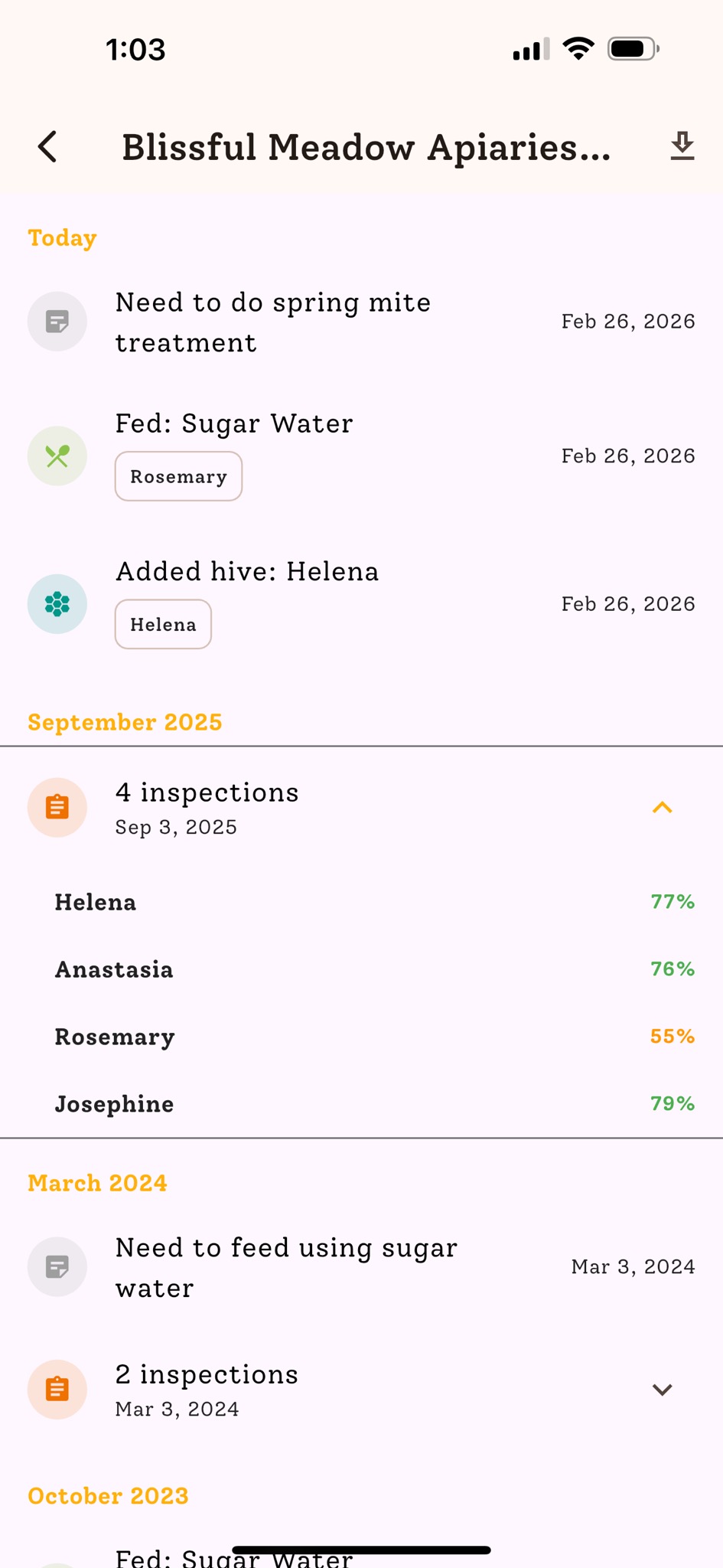 HiveBloom activity timeline showing inspections over time