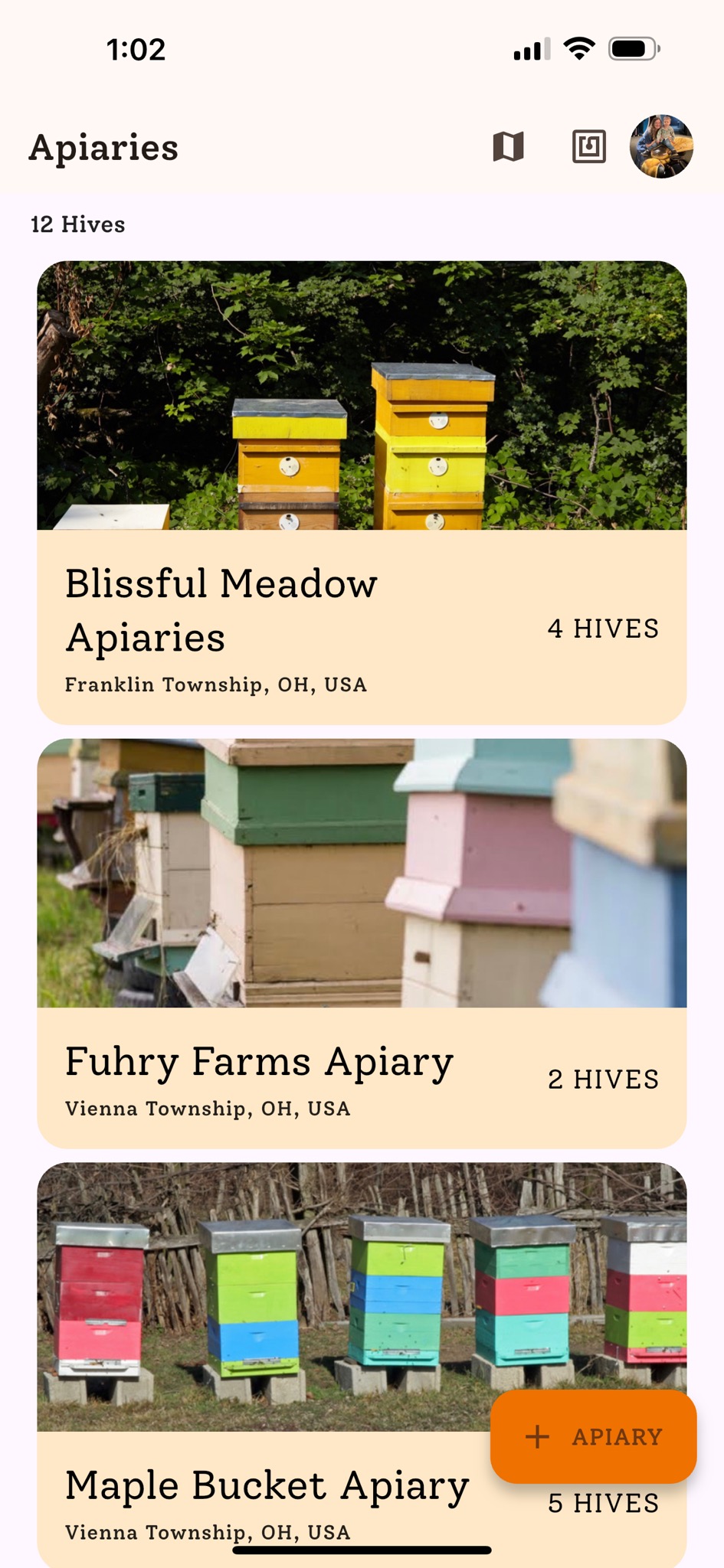 HiveBloom apiaries list showing multiple apiaries