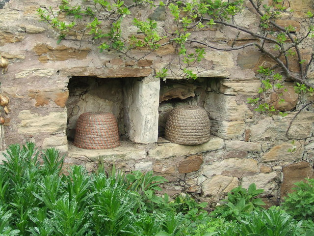 Bee boles with straw skeps at Kellie Castle, Scotland