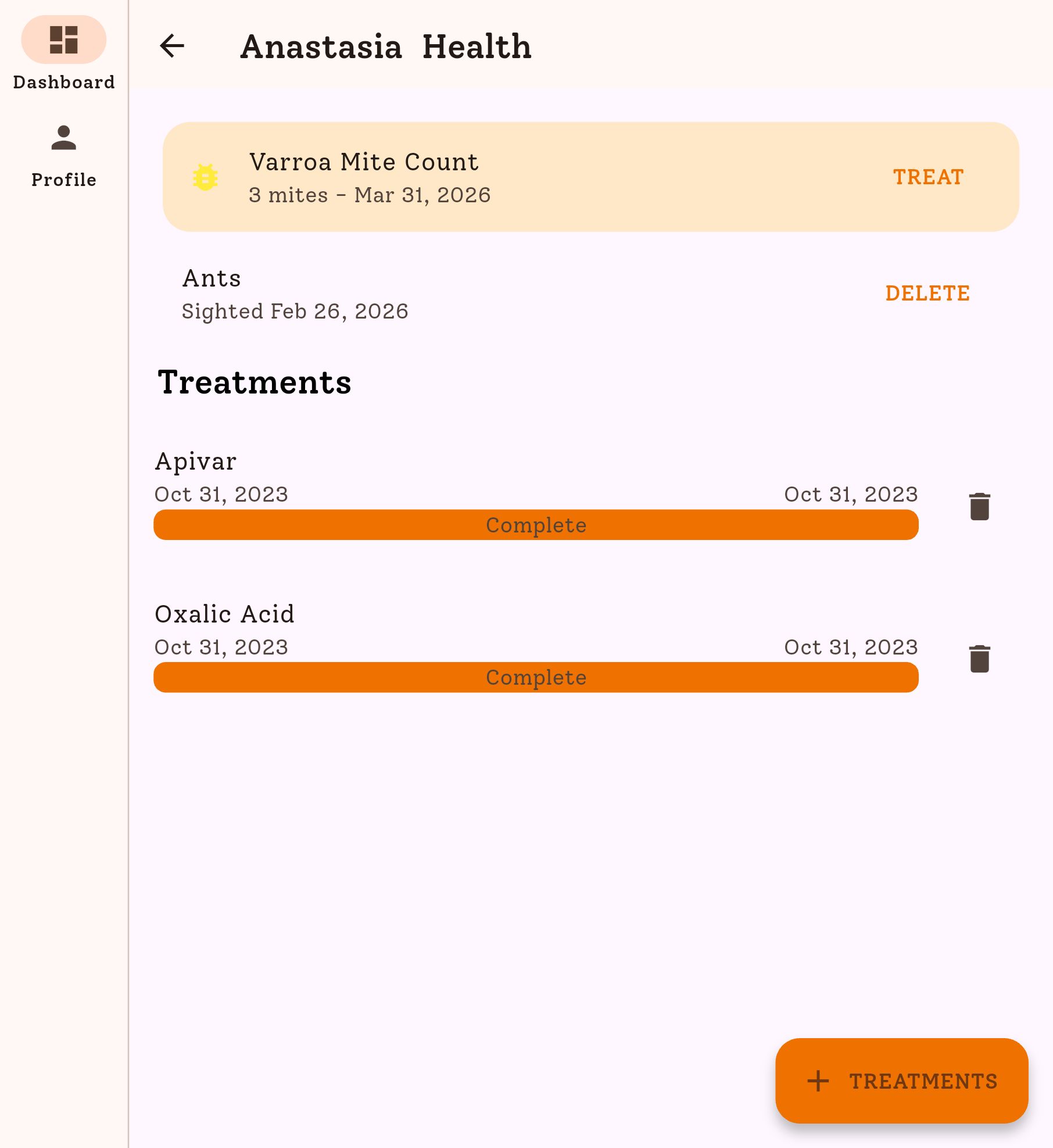 HiveBloom mite count and treatment tracking